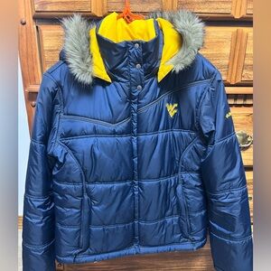 Women’s Columbia WVU Mountaineers Navy/Yellow Puffer Jacket Faux Fur Hood L Y2K